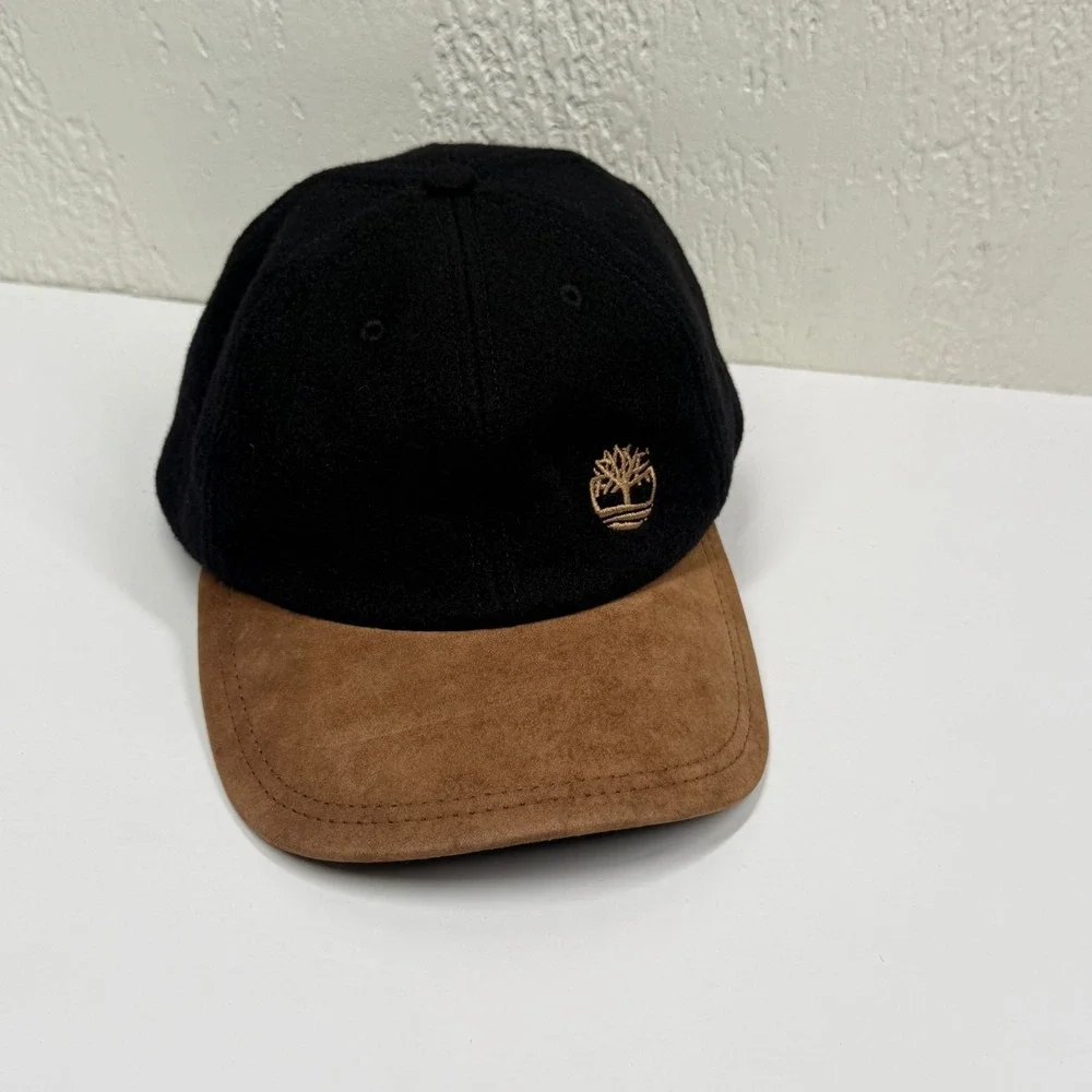 Timberland Baseball Cap Wool Leather Brim Black Strapback Logo Casual Outdoor OS